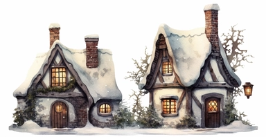 Cute English Cottage, snowy, watercolor clipart