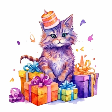 please create watercolor clipart of a cat, smiling, wearing party clothes with birthday presents, vibrant colors,intricate details, isolated on white background, vivid colors, hdr, 8k