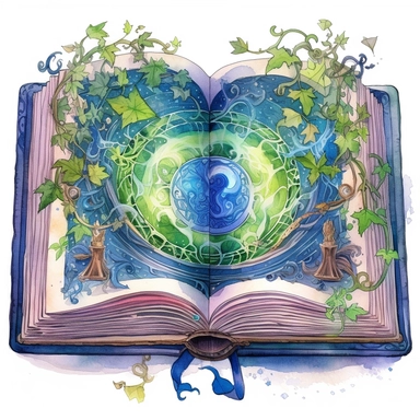 Solid white background, Detailed watercolor open ancient magic book that is encased in enchanted vines that form an alter for the open book to sit, greenblue northern lights glow from the book's pages, clipart. The visable pages of the book have sketched magic circles on them visibly