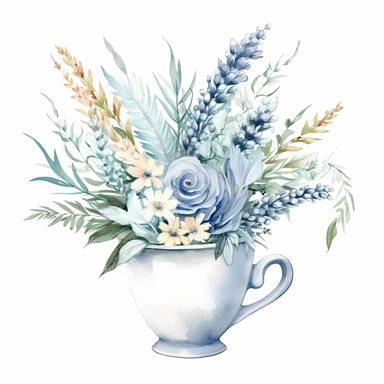 {pastel blue, light blue, soft blue, pale blue} Foxtail bouquet in tea-cup, wet on dry watercolour style, clipart, white background