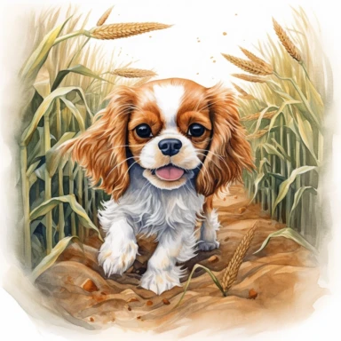 create a beautiful original high quality highly detailed watercolor clipart image of a very small happy and adorable king charles cavalier puppy running through a corn maze with a smile, include high detail to the puppys fur and eyes, include detail to the corn maze, white background, no text, no font, no words