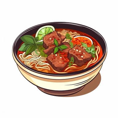 Bún bò Huế: Spicy beef noodle soup from the central region of Vietnam. , simple illustration, cartoon vector style, clipart, white background