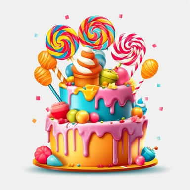 Create a clipart image of a birthday cake with a whimsical theme. Incorporate elements like candy, lollipops, and colorful fondant decorations.