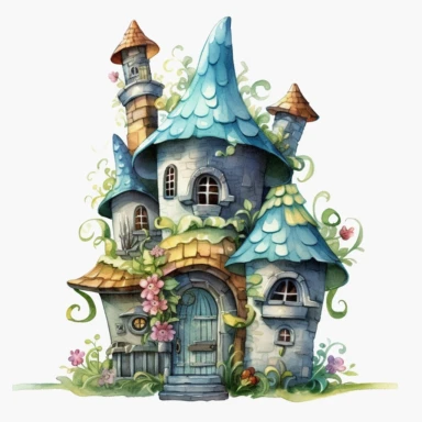 a whimsical watercolor summer fairyhouse, sublimation clipart,featuring cozy house, painted in soft pastel shades of blue, pink, green, and yellow, with intricate details such as flowers, vines, and shingled roofs, fine brushes, and various shades of pastel paint pigments, isolated on a white background,single object, print on demand image, PNG transparent background, white background for removing background - - no text shadow font watermark