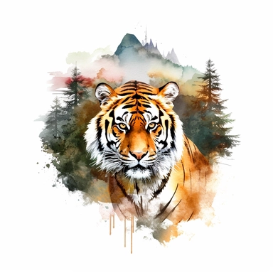 watercolor style, tiger with the mountain forest in the back clipart, isolated on white background, hd