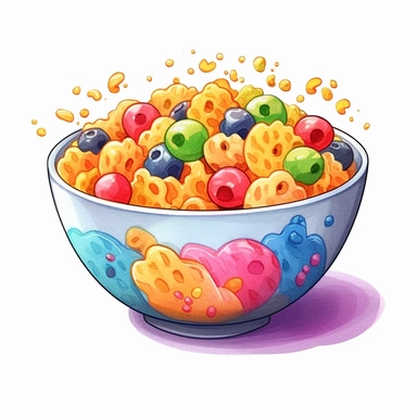 a delightful watercolor, hyper-realistic clipart image with a white background and white margins, showcasing a bowl of crunchy rice cereal with a splash of milk. The ultra-detailed, hand-drawn elements capture the texture and colors of the cereal pieces. Use whimsical touches to add a touch of playfulness, and bold shades of various colors to create a visually appealing and satisfying image.