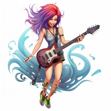 a cartoon girl fairy in a punk rock band, big wings, playing electric guitar, tattoes, smiling, colors, full body image, pixar style, clipart