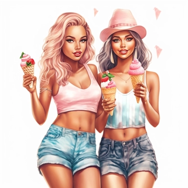 beauty girls eating ice creams on a party digital clipart on white background