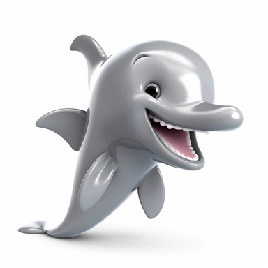 oilpainting, 2d icon of a super cute cartoon a beautiful smiling grey dolphine swimming clipart full body, 3d rendering, white background, clean