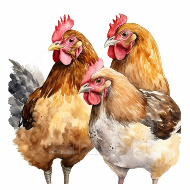 Highly detailed and realistic group of 3 chickens Watercolor Clipart, transparent background, watercolor and black ink, on white background, NO TEXT,NO WATERMARKS