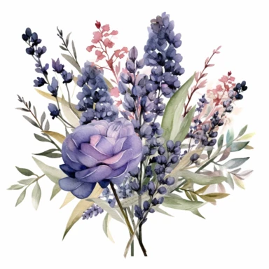 a mixed bunch of flowers, leaves, and small berries, majority of the flower is lavender, watercolor clipart, dusty