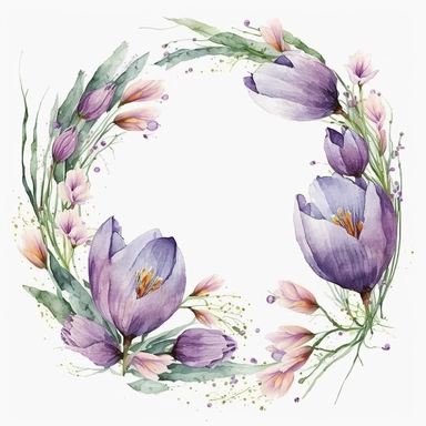 purple crocus flowers, watercolor, floral wreath, clipart design, white background, uplighted