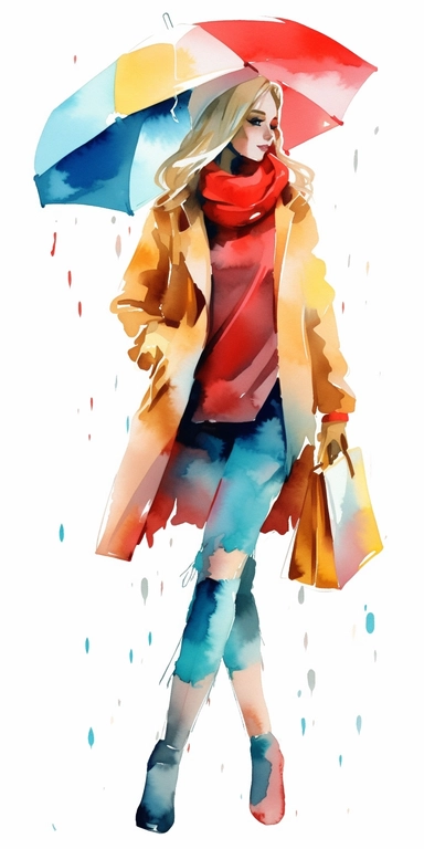 Cute Girl walking in profile while carrying multiple shopping bags in a jumping motion .Simplicity watercolor clipart by Thomas W.Schallerof. Transparent white background, png