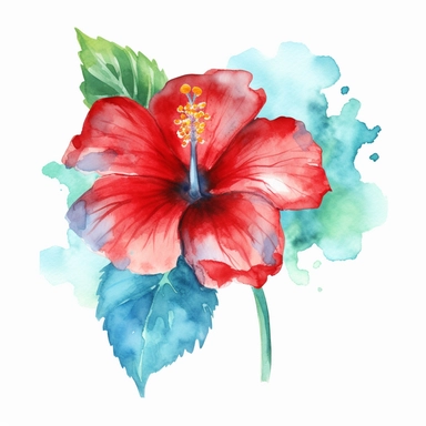A watercolor painting of a red hibiscus flower with a blue and green background, Watercolor clipart, isolated on white background