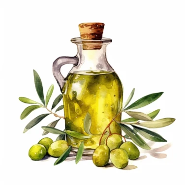 watercolor olive oil in a vintage glass bottle with some olive branches around it, clipart, 2d game art, illustration, highly detailed full body isoleted white background, naturecore