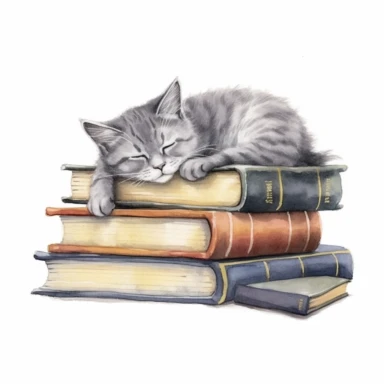 watercolor, hyper realistic, white background, white margins, 16k, ultra detailed clipart, cut out image, hand-drawn cat sleeping reading books, in the style of jane newland, grey academia, gray and amber, light yellow and dark gray, comfycore