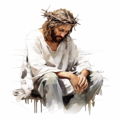 Jesus Christ Crown of Thorns, Sitting, Sad, Thinking, White broken ropes, Messy hair, Watercolor art, clipart style, solid white background