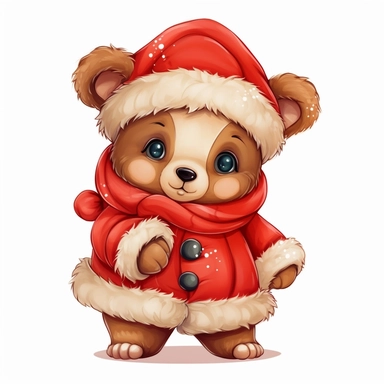 cute happy Baby teddy bear in red christmas Santa suit clothes, clipart, no words