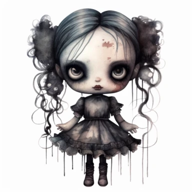 mystical dark scary watecolor halloween evil horror doll clipart, hd 4k, detailed, focused, isolated on white background