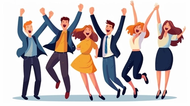 Happy jumping office workers flat vector illustration. Cheerful corporate employees cartoon characters set. Young male and female students in casual clothes isolated clipart. Diverse group of people., watercolor style illustration, vibrant,