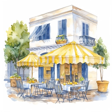 watercolor, hyper realistic, white background, white margins, 16k, ultra detailed clipart, cut out image, hand-drawn illustration style for picture books A charming cafe with yellow awnings and tables set with blue and white checkered tablecloths, mediteranean town, children's book illustrations, soft watercolours, pictorial fabrics, light color