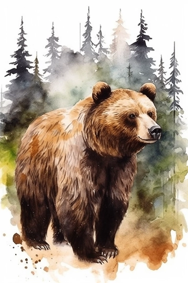 Watercolor brown bear and forest, nature, very vivid colors, highly detailed drawing, white background, clipart, colorful, highly detailed, HD