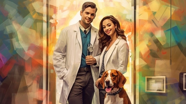 young latinos medical vet man and woman with white coat in room with a dog , vintage colors, 32k, bokeh, spring, chart design, modernismo, transitional interior design, sublimation, clipart