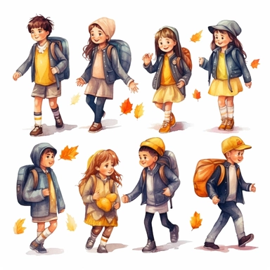 watercolor, Set of boys and girls going to elementary or middle school Happy pupils holding books surrounded by autumn leaves isolated on white. Collection of children with backpacks or bag png Full body realistic cartoon in 32K UHD cute. 15 cm thick outline. Black color. There was no shadow on the ground. 8k with realistic watercolors and detailed illustrations. PNG clipart, transparent white background