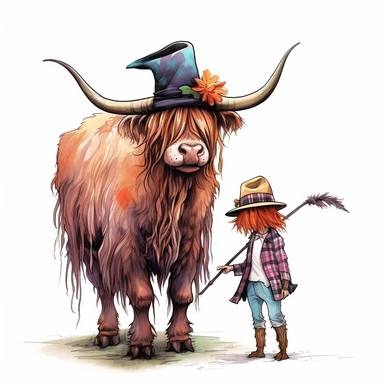 Watercolor realistic highland cow with scarecrow , style by Lucy Fleming, watercolor, smooth gradients, black contour outline, ultra detailed, clipart elements, delicate pastel colors, solid white background, super clear, high quality