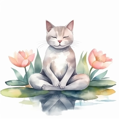 cute cat doing yoga exercise, yoga lotus flower background, watercolour clip art