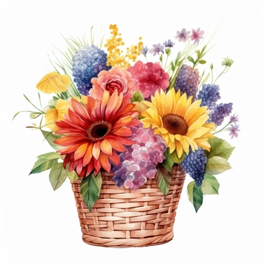 Hydrangea, Sunflowers, Gladiolus, and Dahlias watercolor flowers in a wicker basket, clipart, vibrant multicolored, aesthetic, realistic detail, white background