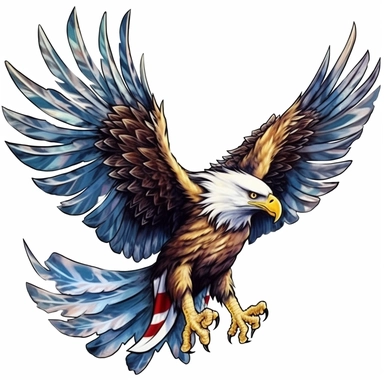 Eagle spread their wings and their feet pounce clipart, and and the American flag blends in with the eagle's feathers, watercolor Illustration clipart, 4K, extremely detailed Sublimation Clipart,Cartoon,hyper realistic, intricate detail, illustration style,high solution,on the white background