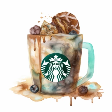 watercolor clipart starbucks coffee drink with the brownie ever, in the style of striated resin veins, dark beige and dark aquamarine, romanticized nature, contest winner, layered fibers, dynamic chaos, sōsaku hanga