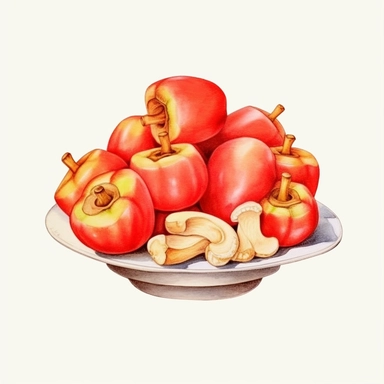 An endearing watercolor Cashew Apple clipart of Cashew Apple presenting in plates 300DPI