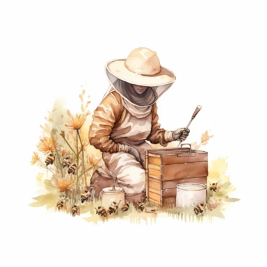 a watercolor clipart, vector of a bee keeper in the style of vintage imagery, decorative paintings, subtle shading, nature core, cottagecore, muted colors, craftcore, on a white background, uhd image