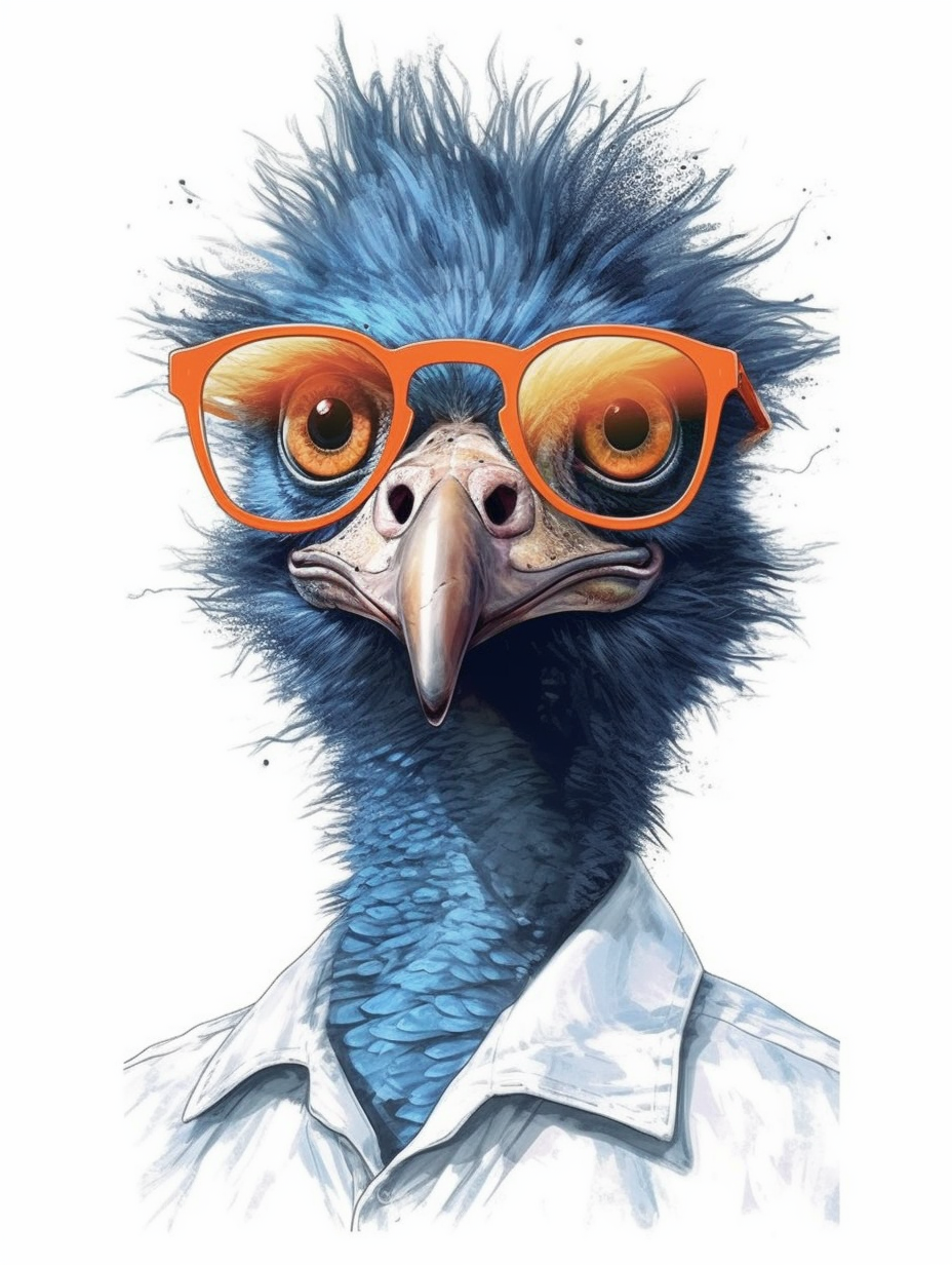 a portrait of a Emu wearing a white shirt and glasses, looking tired ...