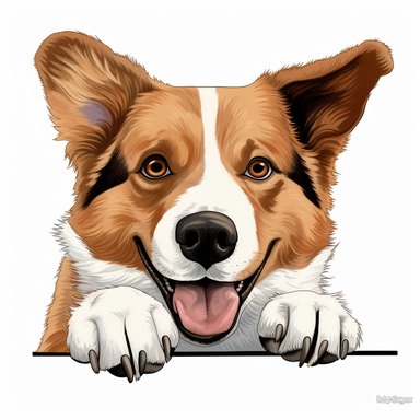 a color drawing of a smiling full face and neck Nova Scotia Duck Tolling Retriever dog peeking paws over a black line, white background, clipart