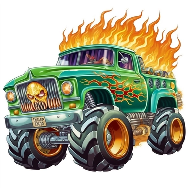 green cartoon monster truck crushing an old car clipart isolated on a white background flames coming out of the back