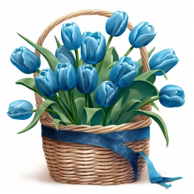 clipart of blue tulips in a basket, in the style of uhd image, high detailed, stock photo, colorful realism, ornate still lifes, isolated on flat white background