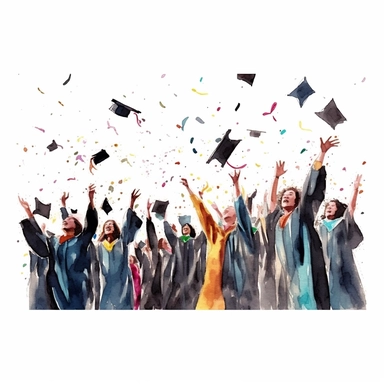 watercolor style, Graduation hat toss: Clipart showing a group of graduates throwing their caps in the air, celebrating the completion of their studies. clipart, isolated on white background, 4K