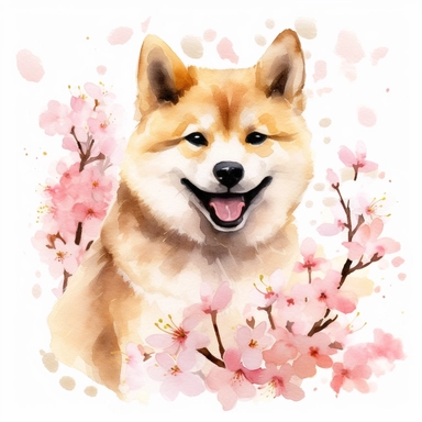 watercolor dog shiba clipart , hight detail, cute, kawii , fresh Sakura, cheerful, Roll over , postcard