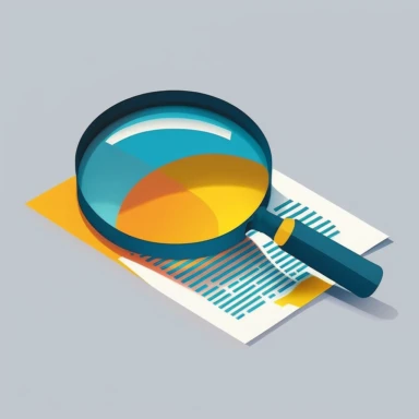extremely simple clipart vector image of an magnifying glass reviewing important legal documents sticker, PowerPoint, Adobe Illustrator, corporate clip art for a presentation, dark blue and light blue and yellow-orange mood