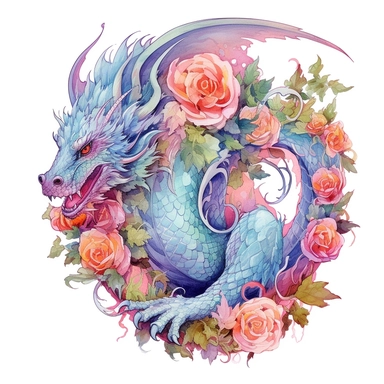 A mesmerizing 4K floral watercolor dragon clipart, where the mythical and the botanical converge in a masterpiece of artistry, intricate floral motifs intertwining with the dragon's form, every petal and scale meticulously painted with intricate details and vibrant watercolor pigments, creating a harmonious fusion of fantasy and nature