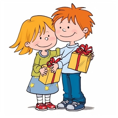 kids with present, full body, christmas, characters, cute, kawaii, simple, on white background, cartoon, vector art, clip art, doodle art, comic art