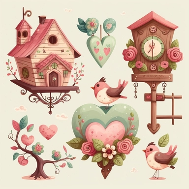 Create a collection of charming and whimsical clip art images of Valentine's themed cuckoo clocks. The images should incorporate elements such as traditional cuckoo clock designs adorned with symbols of love and Valentine's day such as hearts, cupids, and roses. Use watercolor and cartoon-style illustrations to add a playful and imaginative touch. The overall design should evoke a sense of love and celebration, highlighting the beauty and simplicity of natural materials and flowers in a traditio