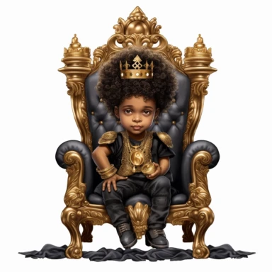 highly detailed clipart of an african american baby prince wearing sweats and sneakers and a gold crown over his curly hair and sitting on a tall royal black and gold throne chair with one leg over his knee