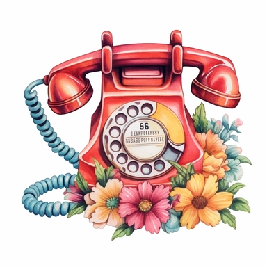 pastel floral retro telephone Clipart, watercolor cartoon, hyper realistic, intricate detail, illustration style, high resolution, on the white background
