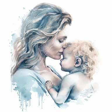 beautiful mom kissing newborn baby boy, watercolor effect, isolated white background, babyshower clipart, soft blue tones, 8k