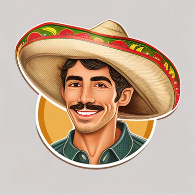 Pretty smiling Mexican young man wearing a sombrero, sinco de mayo background, realistic cartoon-style clipart sticker