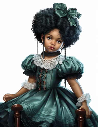 gorgeous african american baby girl with green eyes in vintage victorian dress, clipart, Composition: Relaxed position with intricate high hairstyle, Style: gothic, white background, hyperrealism, 32k